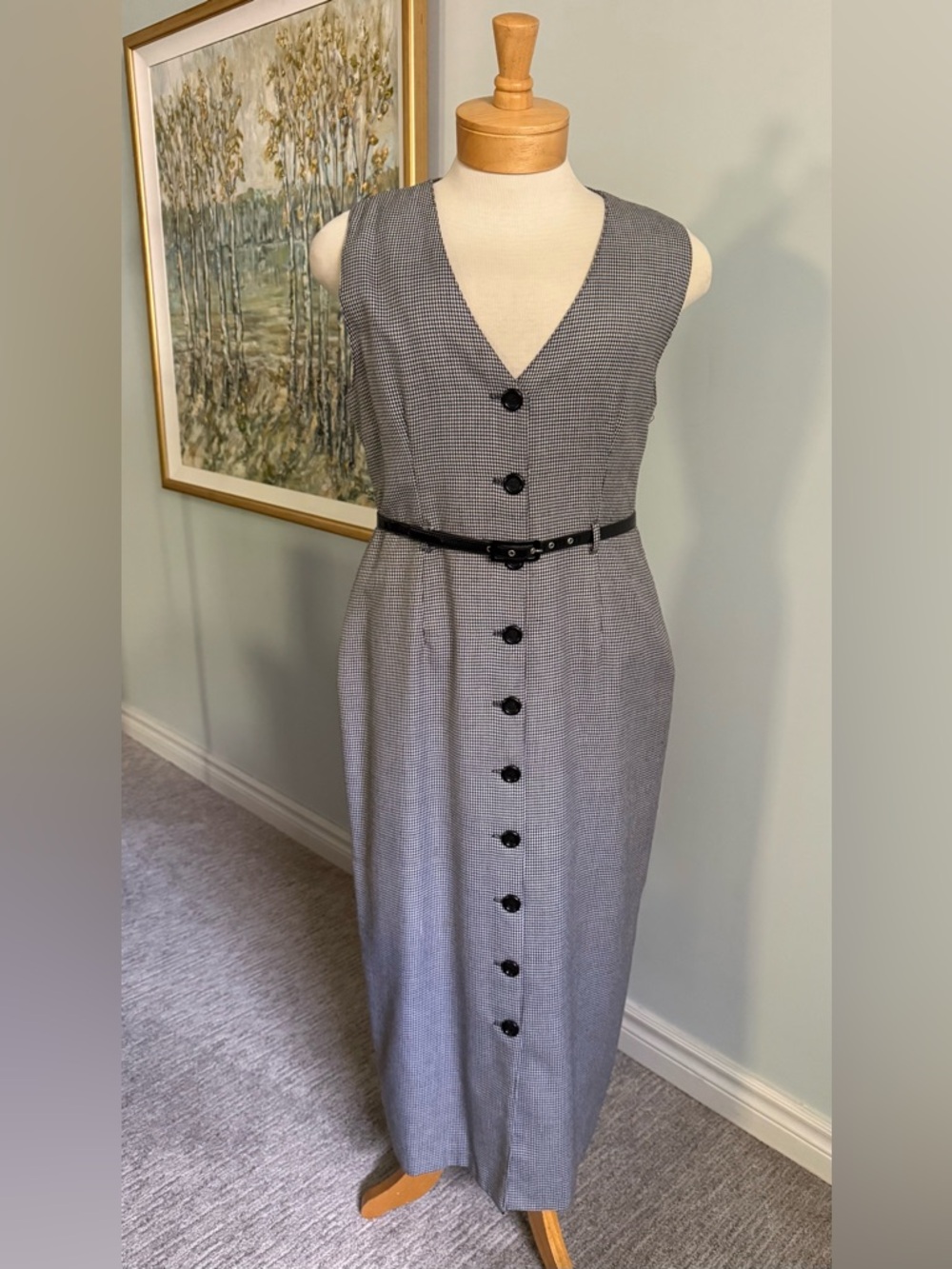 Vintage Northern Traditions Houndstooth Maxi Dress Button Front Minimalist